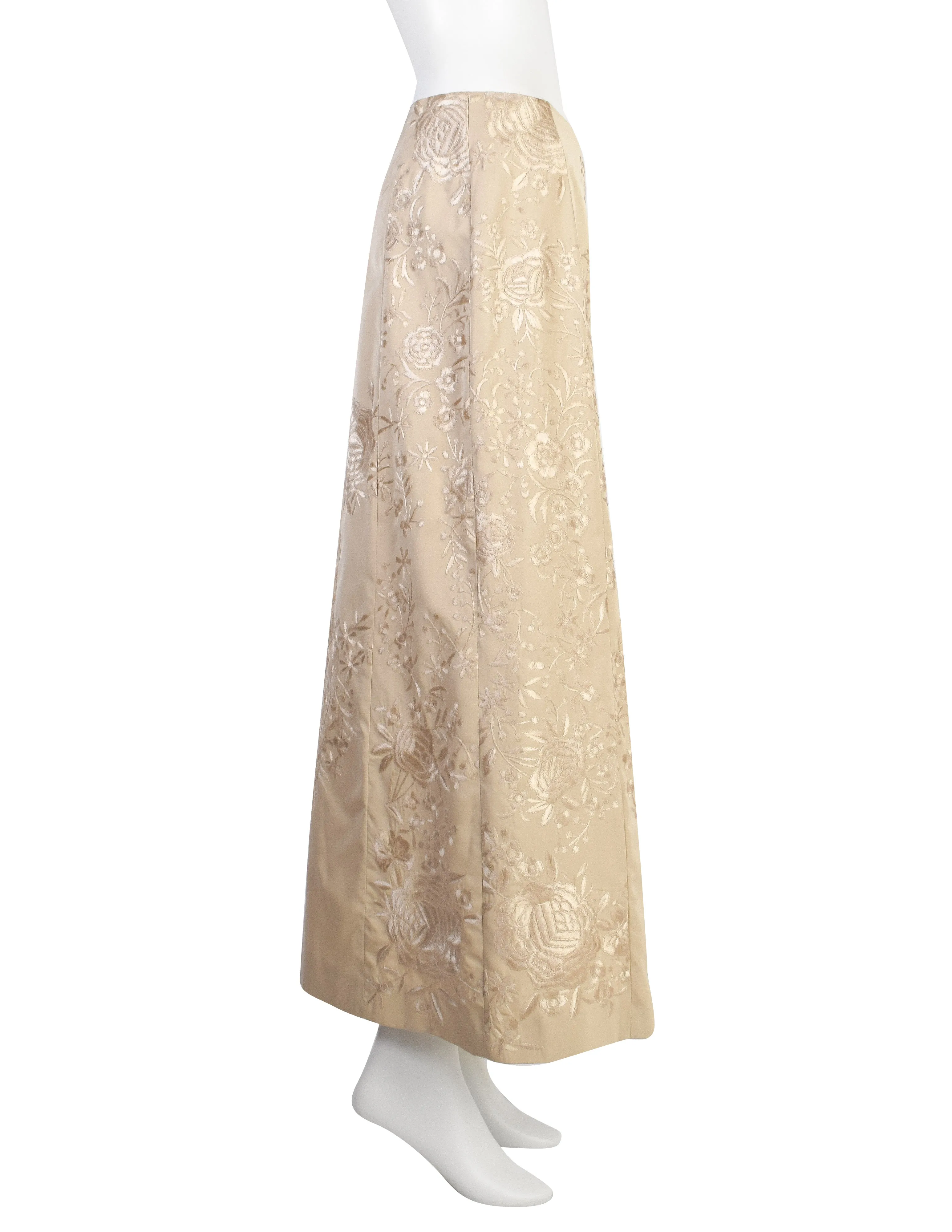 Alberta Ferretti Vintage SS 1999 Light Beige Heavily Embroidered Floral Silk Maxi Skirt