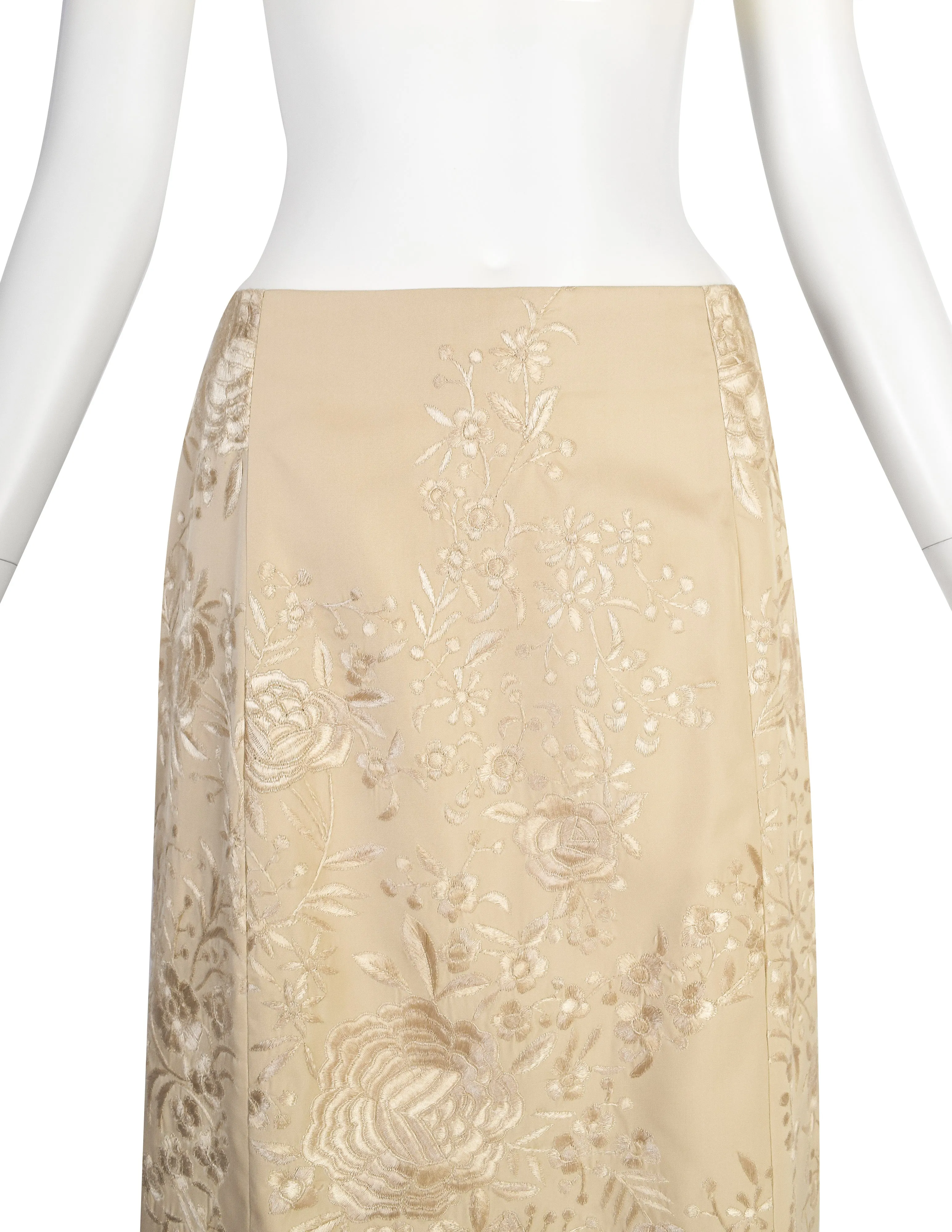 Alberta Ferretti Vintage SS 1999 Light Beige Heavily Embroidered Floral Silk Maxi Skirt