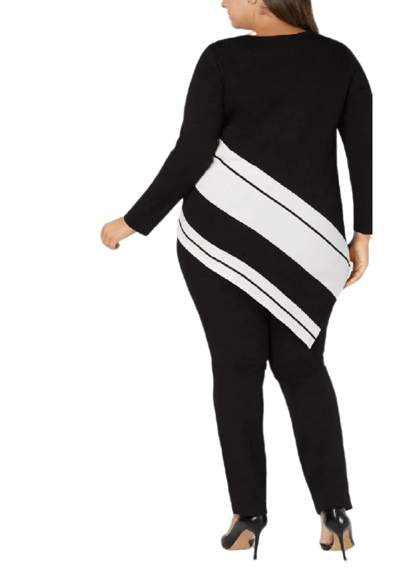 Alfani Plus Women's Asymmetrical-Hem Striped Sweater, Deep Black , 1X