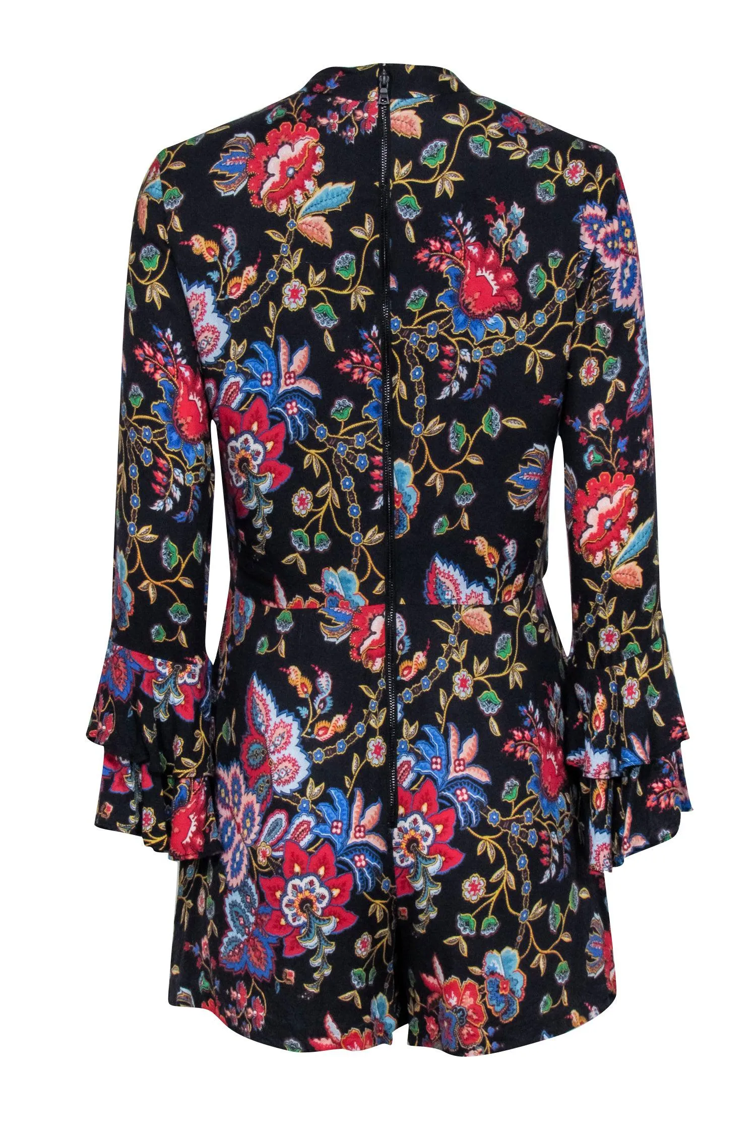 Alice & Olivia - Black Floral Print Romper w/ Front Neck Tie Sz 10