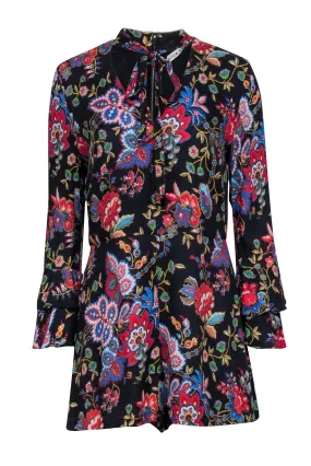 Alice & Olivia - Black Floral Print Romper w/ Front Neck Tie Sz 10
