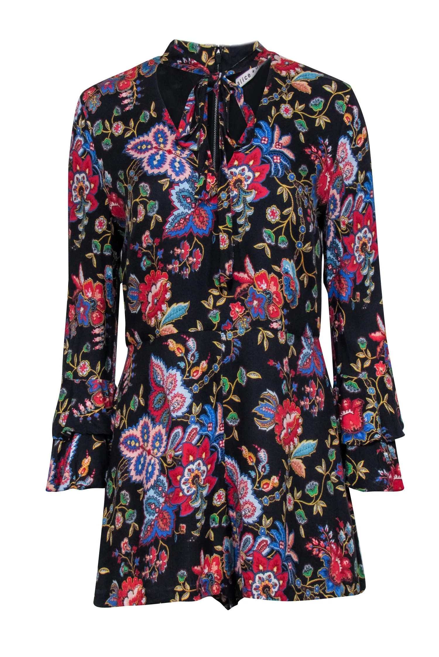 Alice & Olivia - Black Floral Print Romper w/ Front Neck Tie Sz 10
