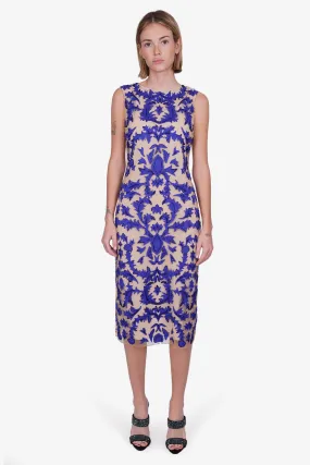 Alice   Olivia Blue/Beige Floral Print Mesh Embroidered Short-sleeve Midi Dress Size 8