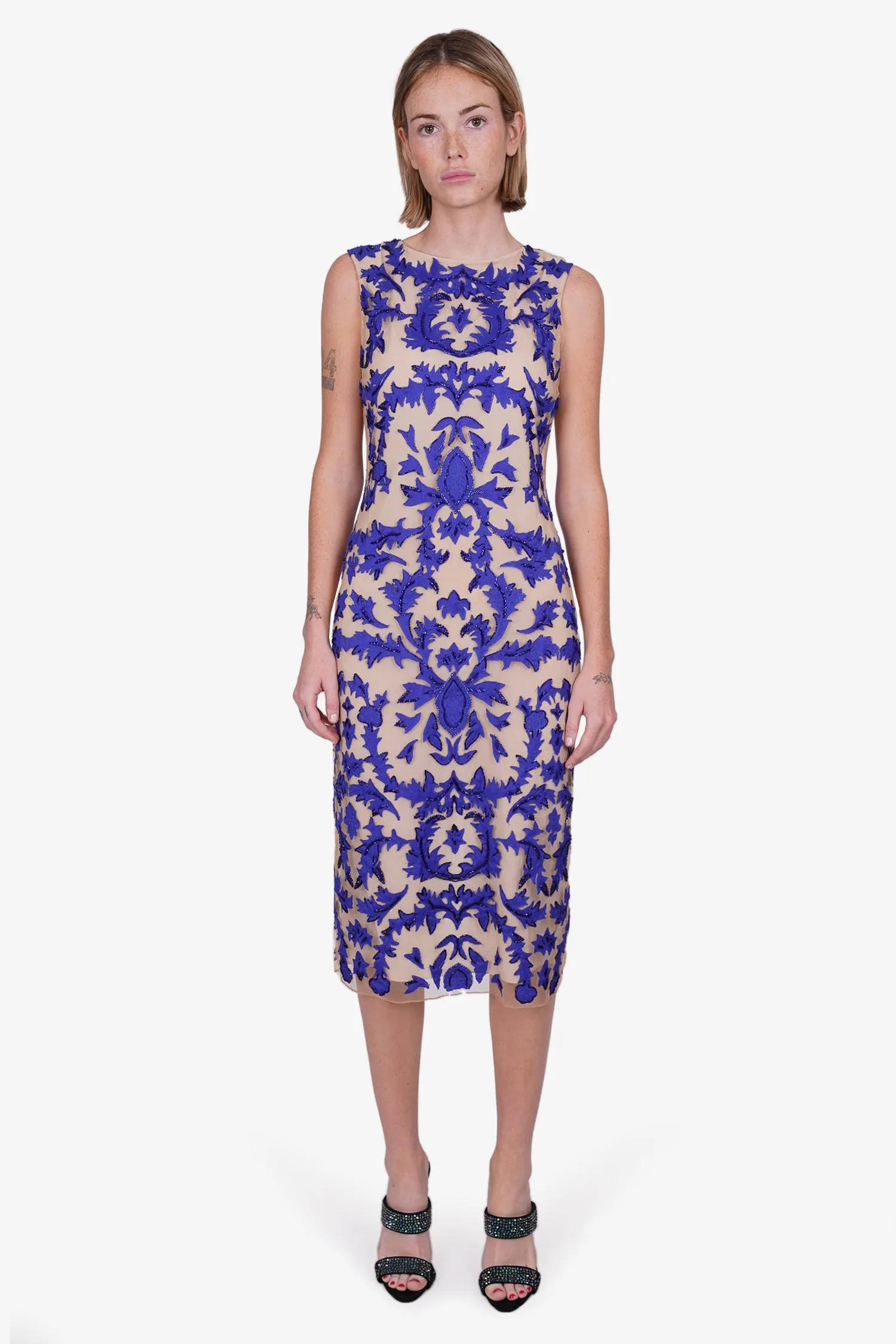 Alice   Olivia Blue/Beige Floral Print Mesh Embroidered Short-sleeve Midi Dress Size 8
