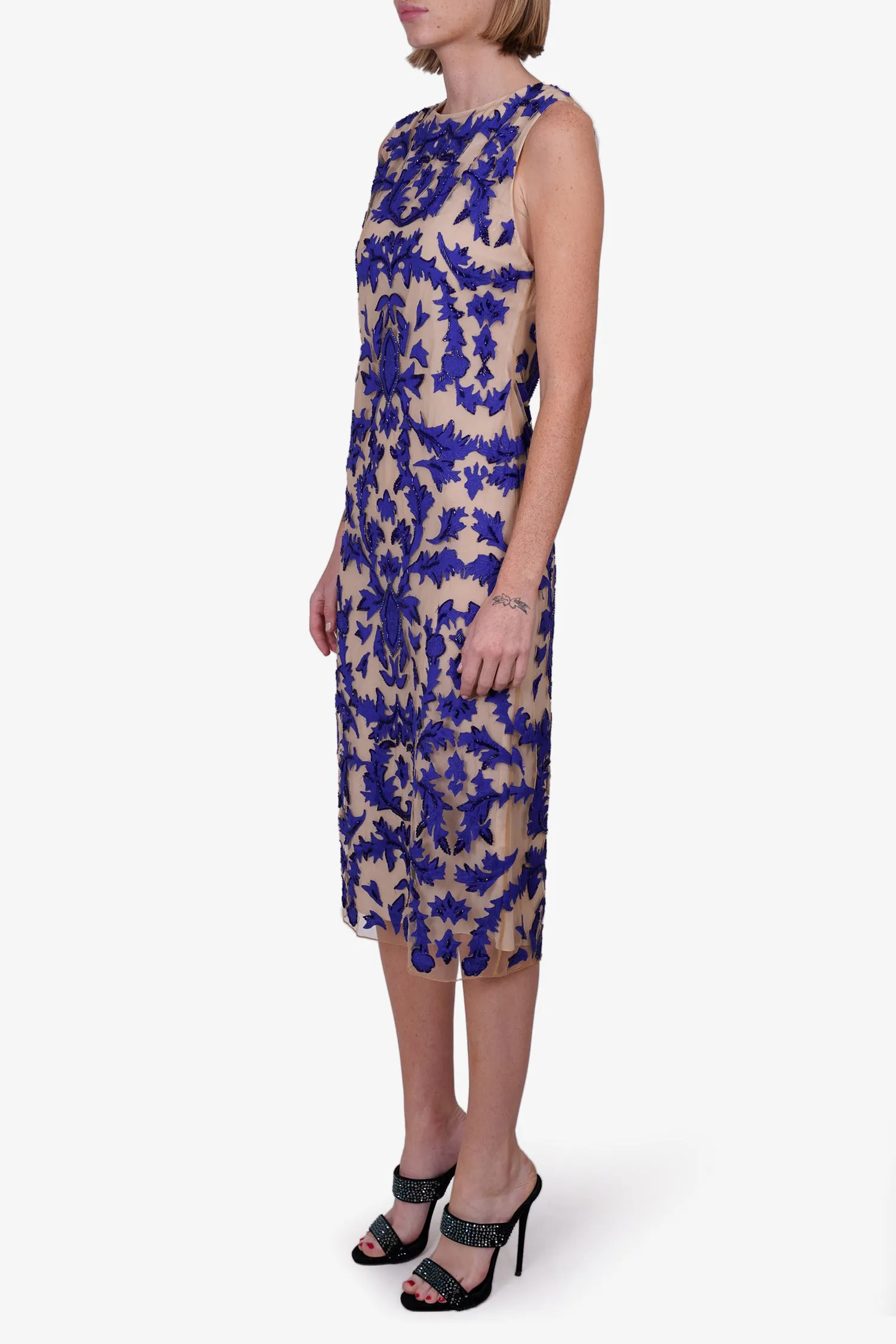 Alice   Olivia Blue/Beige Floral Print Mesh Embroidered Short-sleeve Midi Dress Size 8