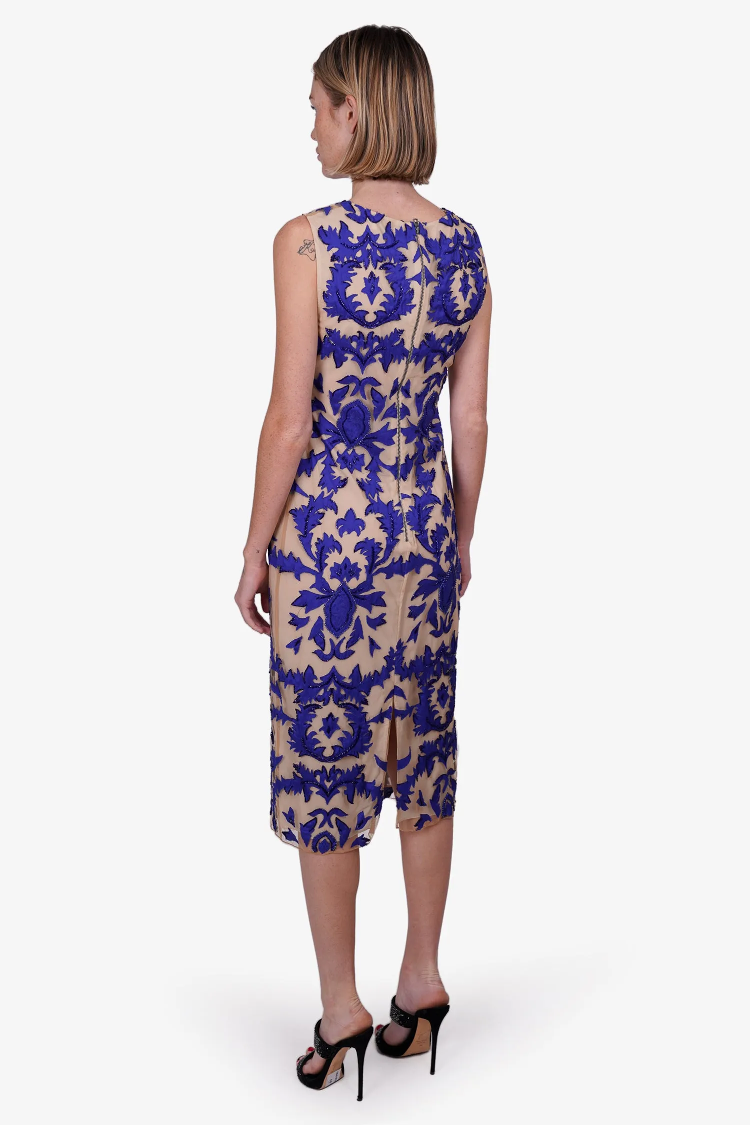 Alice   Olivia Blue/Beige Floral Print Mesh Embroidered Short-sleeve Midi Dress Size 8