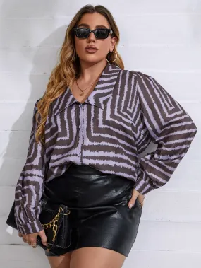 All Over Print Button Front Long Sleeve Collar Long Plus Size Blouse