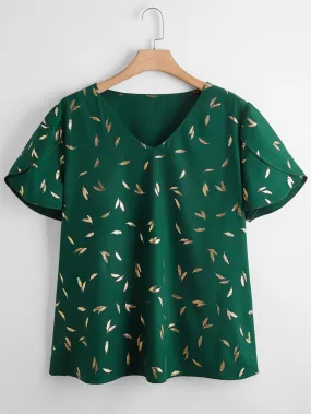 All Over Print Embroidery Short Sleeve V Neck Regular Plus Size Blouse