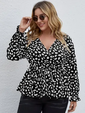 All Over Print Wrap Long Sleeve V Neck Long Plus Size Blouse