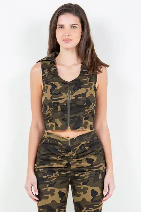 American Bazi Zip Up Camo Crop Denim Vest