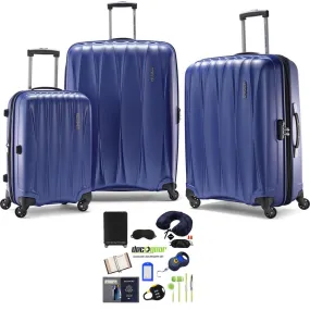American Tourister Arona Premium Spinner 3Pcs Luggage Set Blue   Accessory Kit