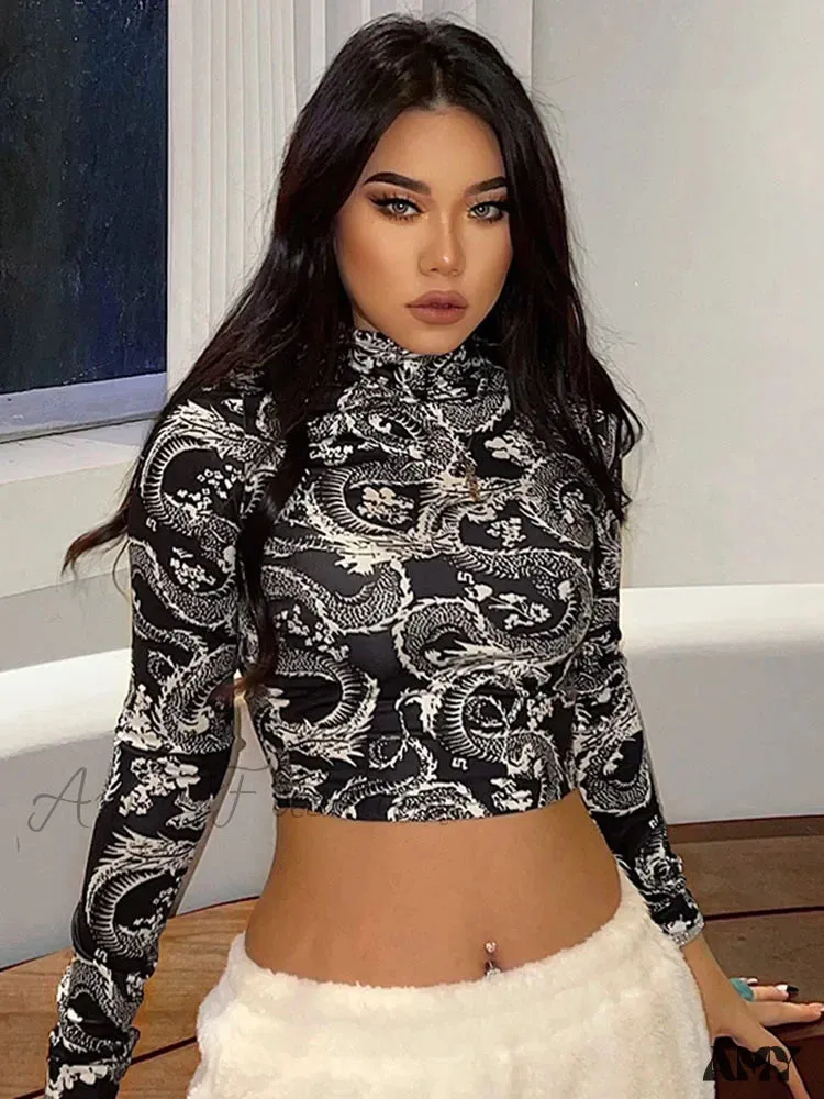 AMY - Dragon Printed High Collar Slim T-shirt Crop Top