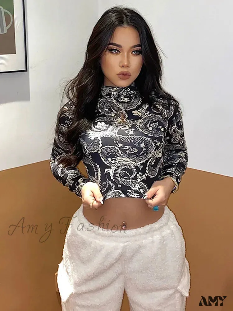 AMY - Dragon Printed High Collar Slim T-shirt Crop Top