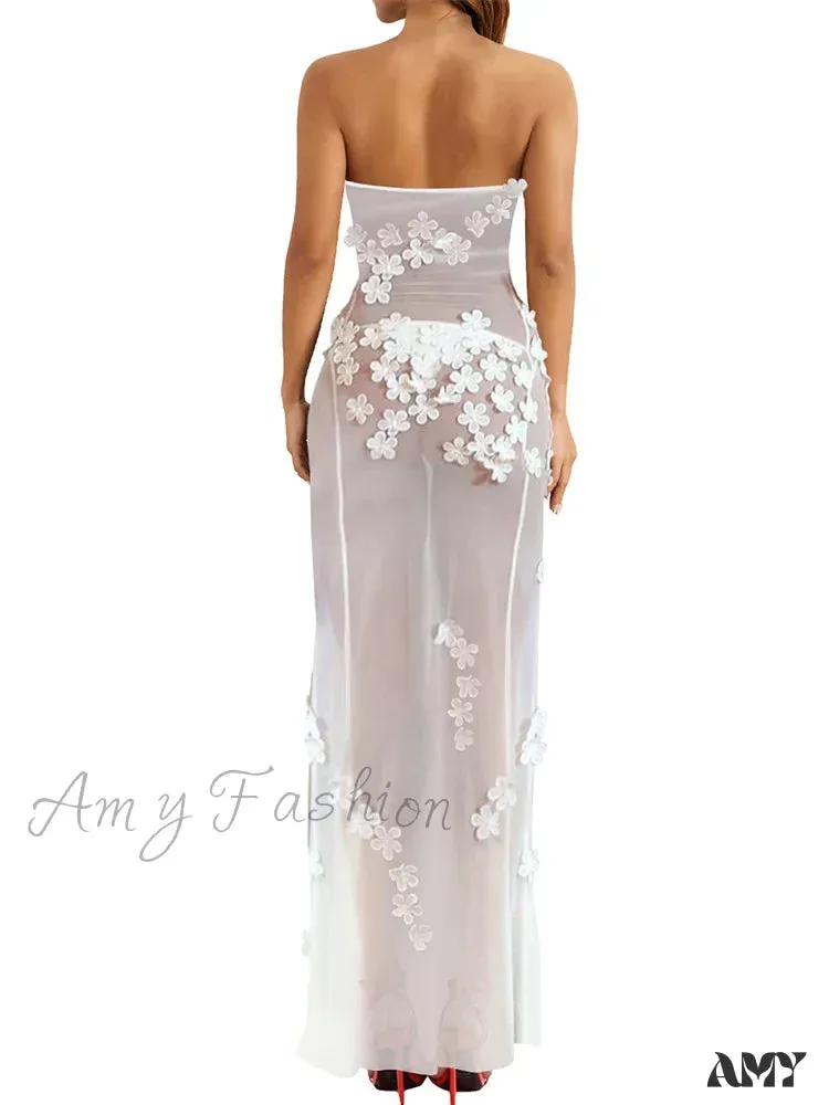 Amy Fashion - 3D Flowers Patchwork Tube  for Women Strapless Off Shoulder Mesh Sheer See Through Summer  Vestidos