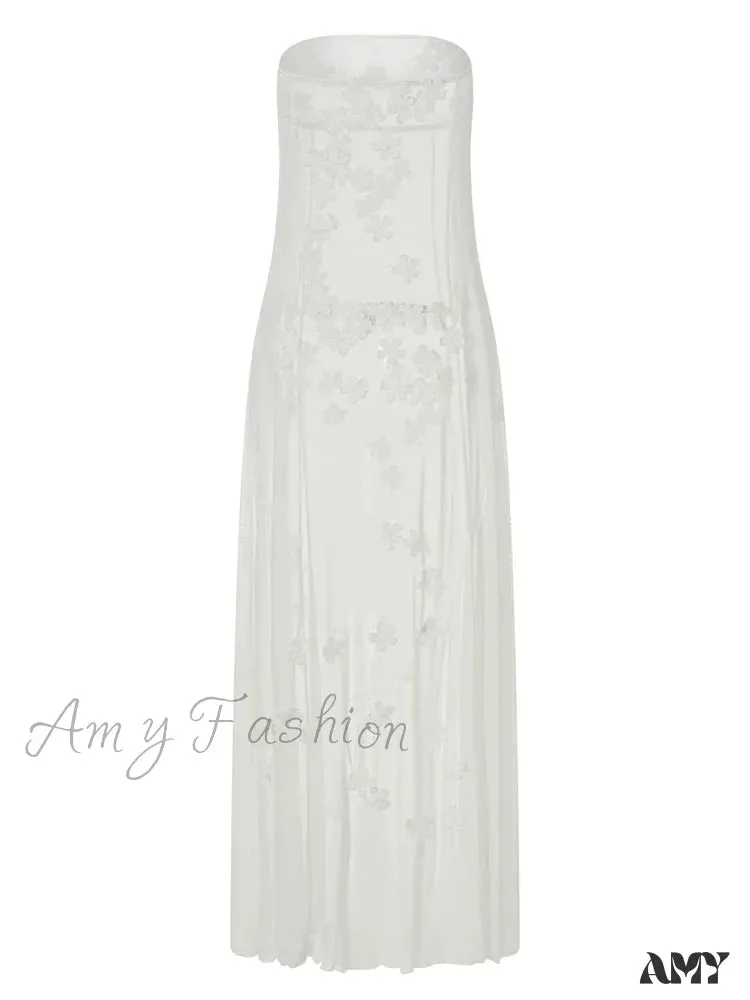 Amy Fashion - 3D Flowers Patchwork Tube  for Women Strapless Off Shoulder Mesh Sheer See Through Summer  Vestidos