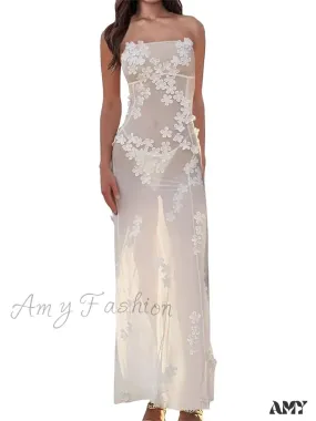 Amy Fashion - 3D Flowers Patchwork Tube  for Women Strapless Off Shoulder Mesh Sheer See Through Summer  Vestidos