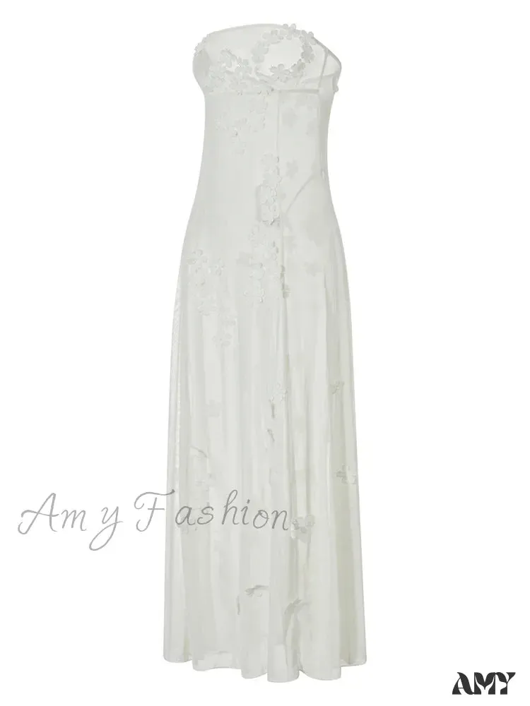 Amy Fashion - 3D Flowers Patchwork Tube  for Women Strapless Off Shoulder Mesh Sheer See Through Summer  Vestidos