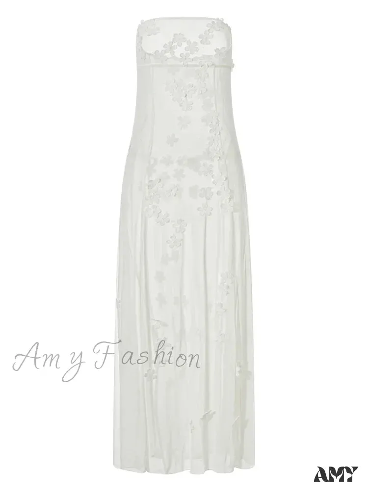 Amy Fashion - 3D Flowers Patchwork Tube  for Women Strapless Off Shoulder Mesh Sheer See Through Summer  Vestidos