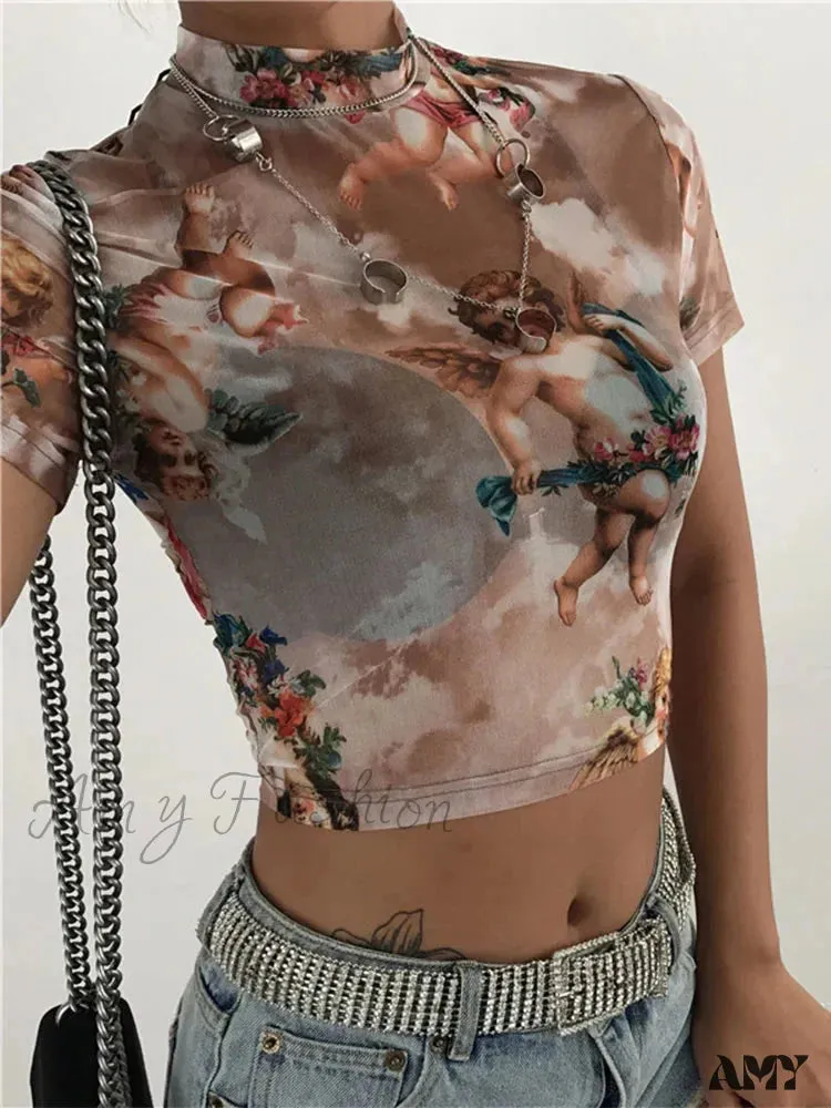 AMY FASHION - Angel Print MeshSexy Graphic Tees Hot Sale Crop Top