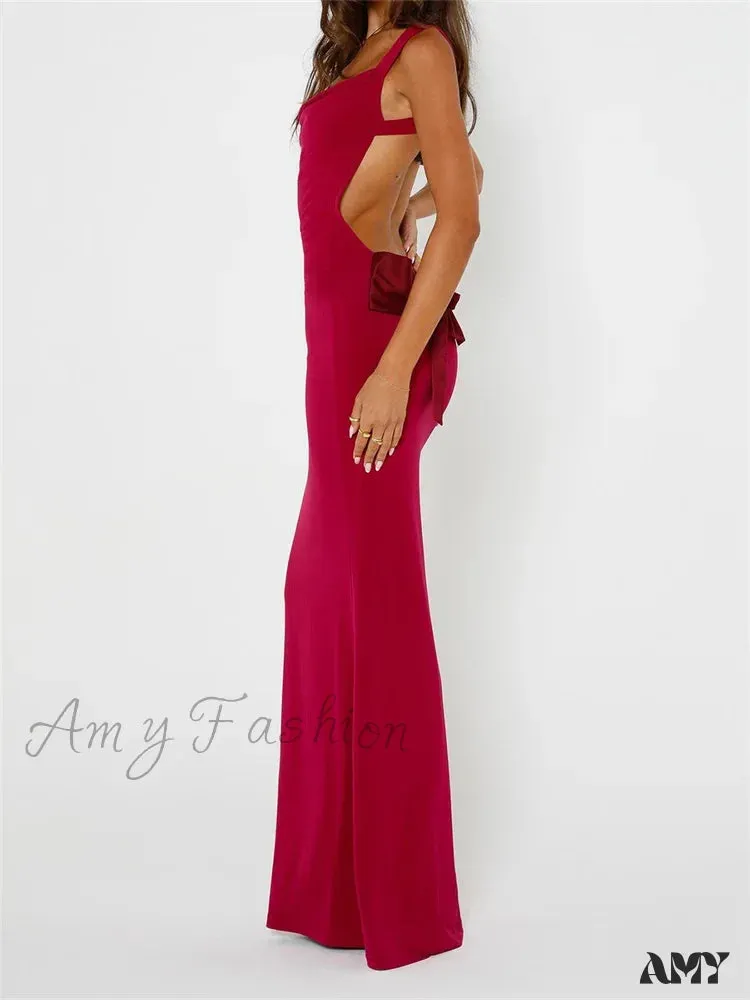 Amy Fashion - Elegant Women Bow Patchwork  Sleeveless V-neck Low Cut Backless Solid Cocktail Party Formal Vestidos