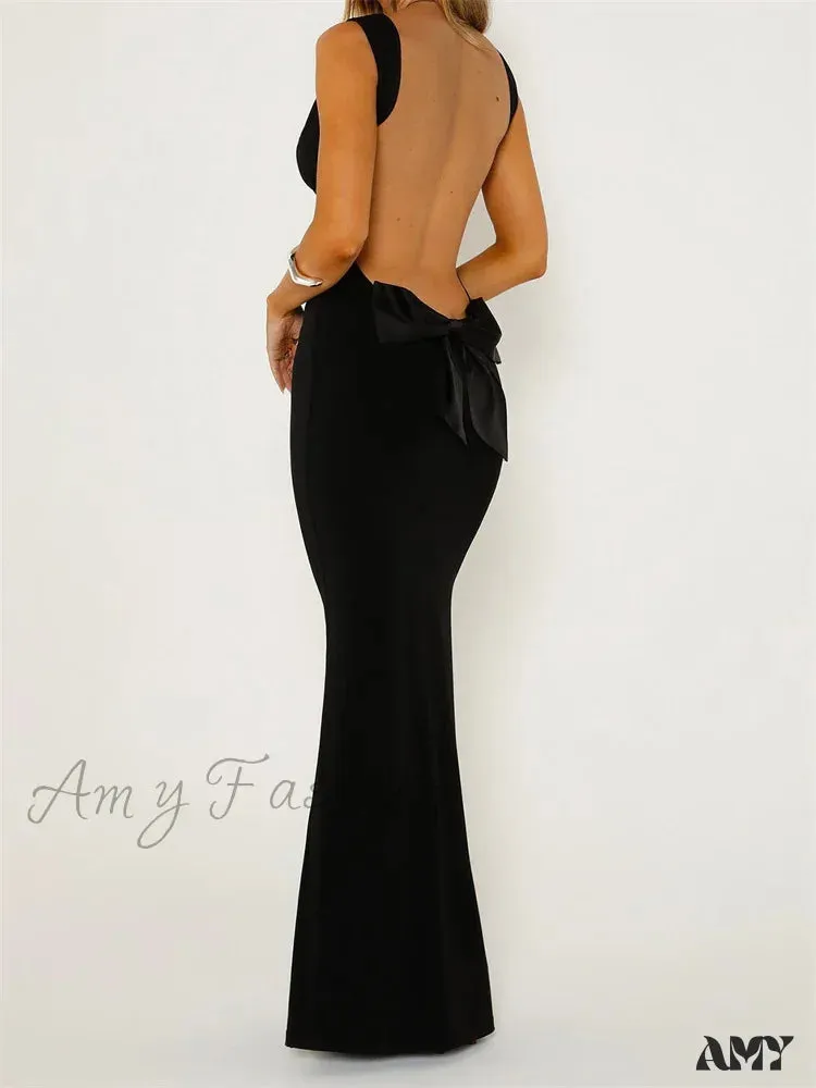 Amy Fashion - Elegant Women Bow Patchwork  Sleeveless V-neck Low Cut Backless Solid Cocktail Party Formal Vestidos
