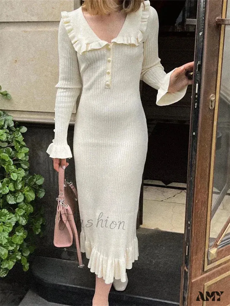 Amy Fashion - Elegant Women Knitted  Sleeve Casual Solid Color Ruffles Hem Party for Beach Cocktail Club Streetwear