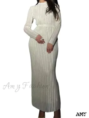 Amy Fashion - Elegant Women Ruched Spring Fall  Solid Color  Sleeve Half High Neck Tie Up Female Party Vestidos