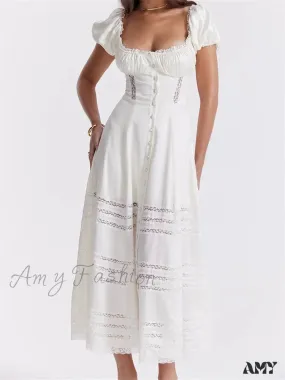 Amy Fashion - Elegant Women Short Sleeve Front Buttons Up   Lace Hollow Out High Waist White OL Summer Vestidos