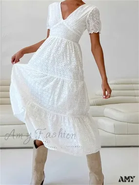 Amy Fashion - Elegant Women Summer Short Sleeve A-Line Solid V-neck Lace Floral Backless Tie-up  Party Vestido