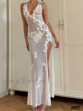 Amy Fashion - Flowers  for Women Sexy Sleeveless Strap High Split Backless Mesh See Through Vestidos Party Clubwear