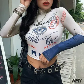 AMY FASHION - High Street Casual Funny Print Stretch Slim Autumn Crop Top