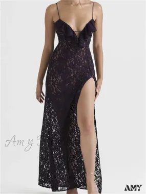 Amy Fashion - Lace Floral See Through  for Women Sexy Sleeveless Strap V-neck Ruffles Patchwork High Split Vestidos