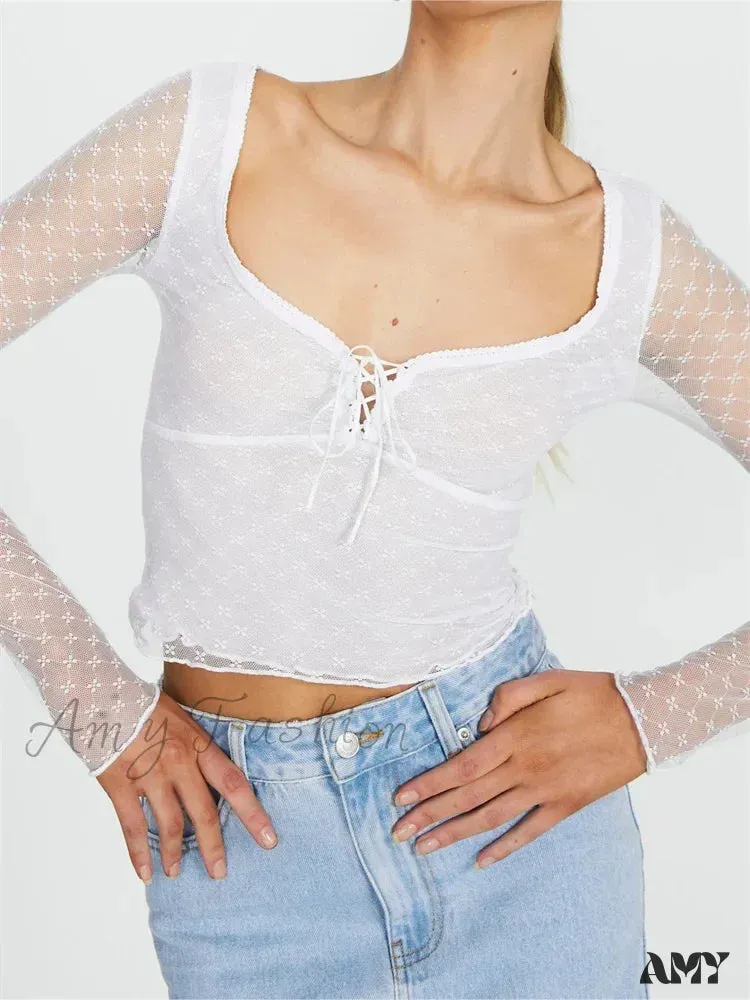 Amy Fashion - Long Sleeve  Lace Mesh See Through Tie-Up T-Shirts