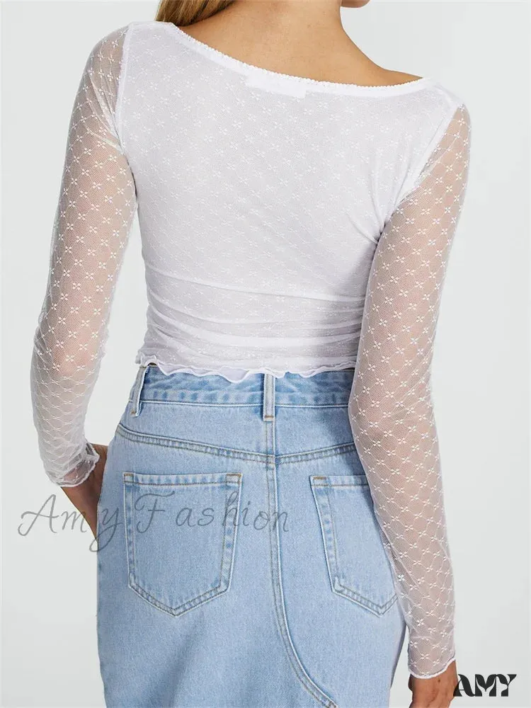 Amy Fashion - Long Sleeve  Lace Mesh See Through Tie-Up T-Shirts