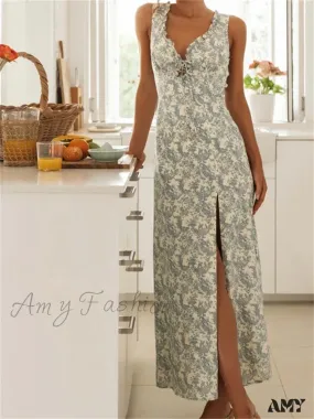 Amy Fashion - Retro Women Floral Print  Sleeveless V Neck Front Lace-up High Split Spring Summer Backless Vestidos