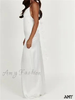 Amy Fashion - Satin Backless Spaghetti Strap  for Women Sexy Backless 3D Flower Tassels Party Cocktail Y2K Vestidos