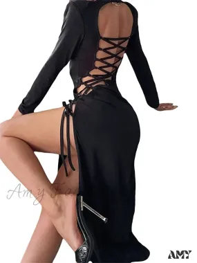 Amy Fashion - Sexy Women Hollow Out Backless  Summer  Sleeve High Split  Tie Up Round Neck Party Vestidos