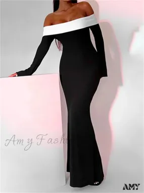 Amy Fashion - Sexy Women Slash Neck Off Shoulder   Sleeve Contrast Color Slim Fit Party Formal Female Vestidos