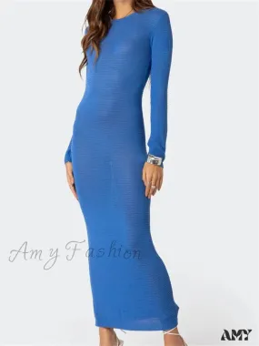 Amy Fashion - Sexy Women Summer Autumn Party  Solid Round Neck  Sleeve Backless Knitted Female Vestido Clubwear