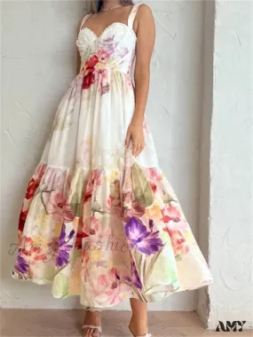 Amy Fashion - Vintage Women High Waist Sleeveless Strap Lace Push Up Flower Print Summer  Beach Female Vestido