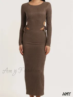 Amy Fashion - Women Autumn Knitted Slim Fit  Solid Round Neck Back Split  Sleeve Hollow Out Tie Up Party Vestido
