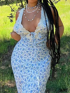 Amy Fashion - Women Backless  Sexy Floral Print Sleeveless Lace V-neck Cocktail Slim Spaghetti Strap Vestidos Party