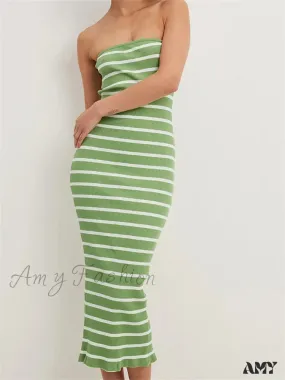 Amy Fashion - Women Bodycon  Striped Strapless Off Shoulder Backless Tube Summer Split Knitted Party Vestidos
