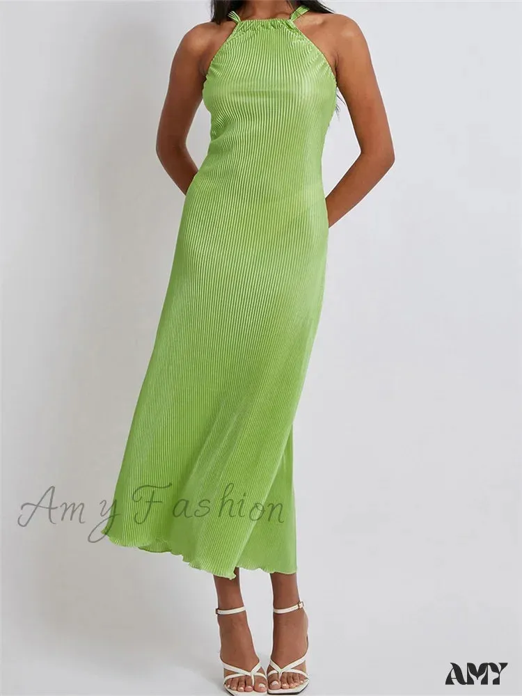 Amy Fashion - Women Cocktail  Solid Color Halter Neck Sleeveless Off Shoulder Ruched Summer Evening Party Vestidos