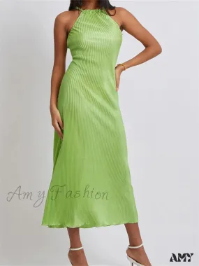 Amy Fashion - Women Cocktail  Solid Color Halter Neck Sleeveless Off Shoulder Ruched Summer Evening Party Vestidos