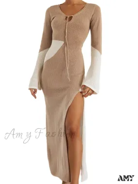 Amy Fashion - Women Knitted  Contrast Color Tie-Up V-Neck  Sleeve Side High Split Slim Fall Spring Vestido