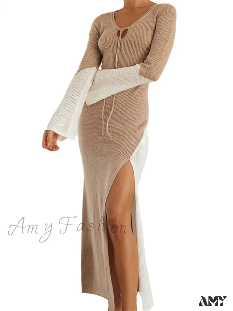 Amy Fashion - Women Knitted  Contrast Color Tie-Up V-Neck  Sleeve Side High Split Slim Fall Spring Vestido