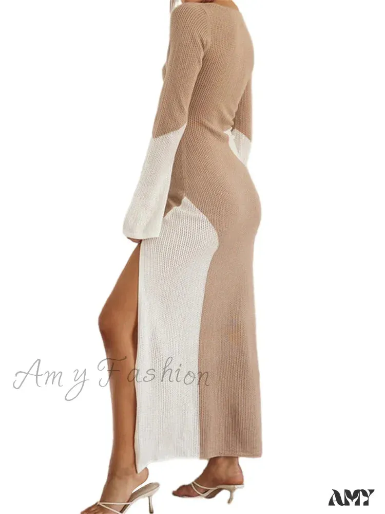 Amy Fashion - Women Knitted  Contrast Color Tie-Up V-Neck  Sleeve Side High Split Slim Fall Spring Vestido
