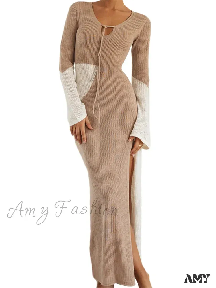 Amy Fashion - Women Knitted  Contrast Color Tie-Up V-Neck  Sleeve Side High Split Slim Fall Spring Vestido