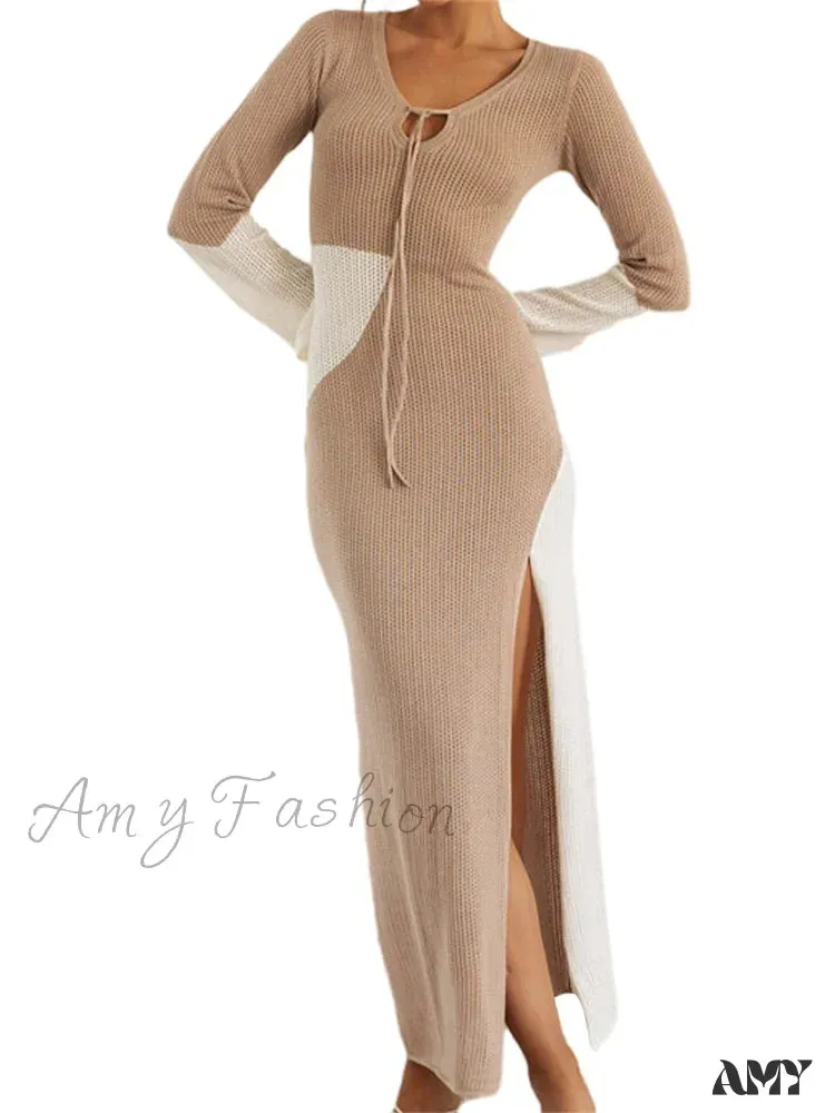 Amy Fashion - Women Knitted  Contrast Color Tie-Up V-Neck  Sleeve Side High Split Slim Fall Spring Vestido